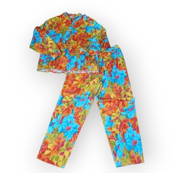 Vintage 80s Bonnie & Norma Bright Tropical Print Cotton Shirt & Pants Size Large - Picture 1 of 6